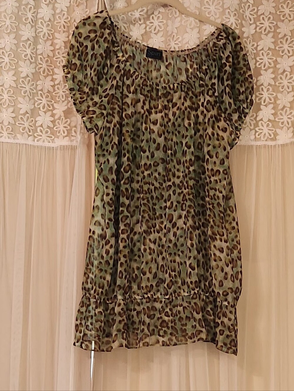Green Leopard Print Peasant Top